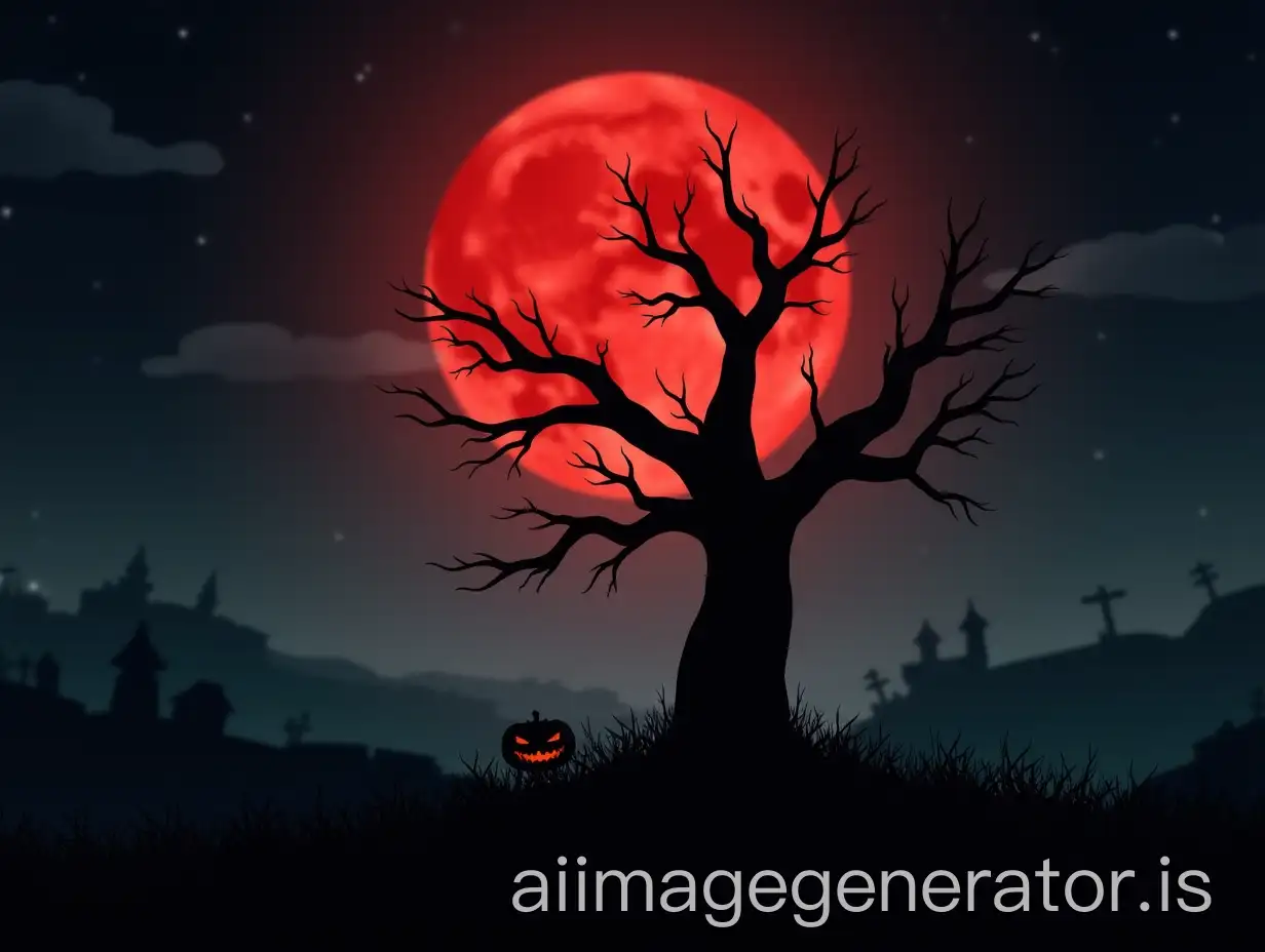 halloween background with red moon and dead tree