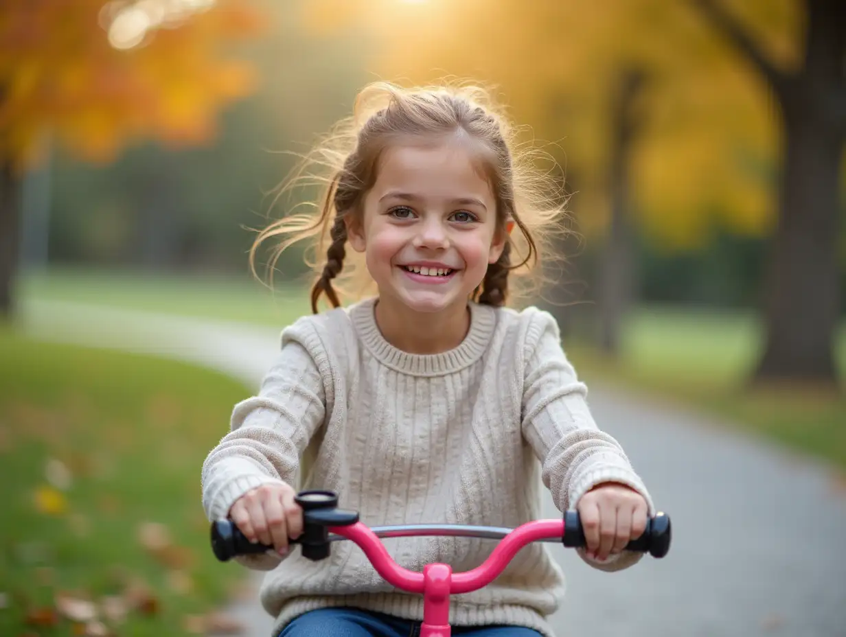 Creating an image  A little girl 10 years old with a tricycle on the sidewalk with a smile on her face and love for details of parts and lighting