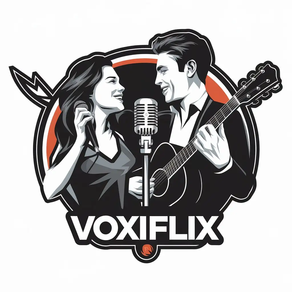 LOGO Design for VOXIFLIX Woman Singing in Microphone and Man Playing Guitar with Smiles Entertainment Theme