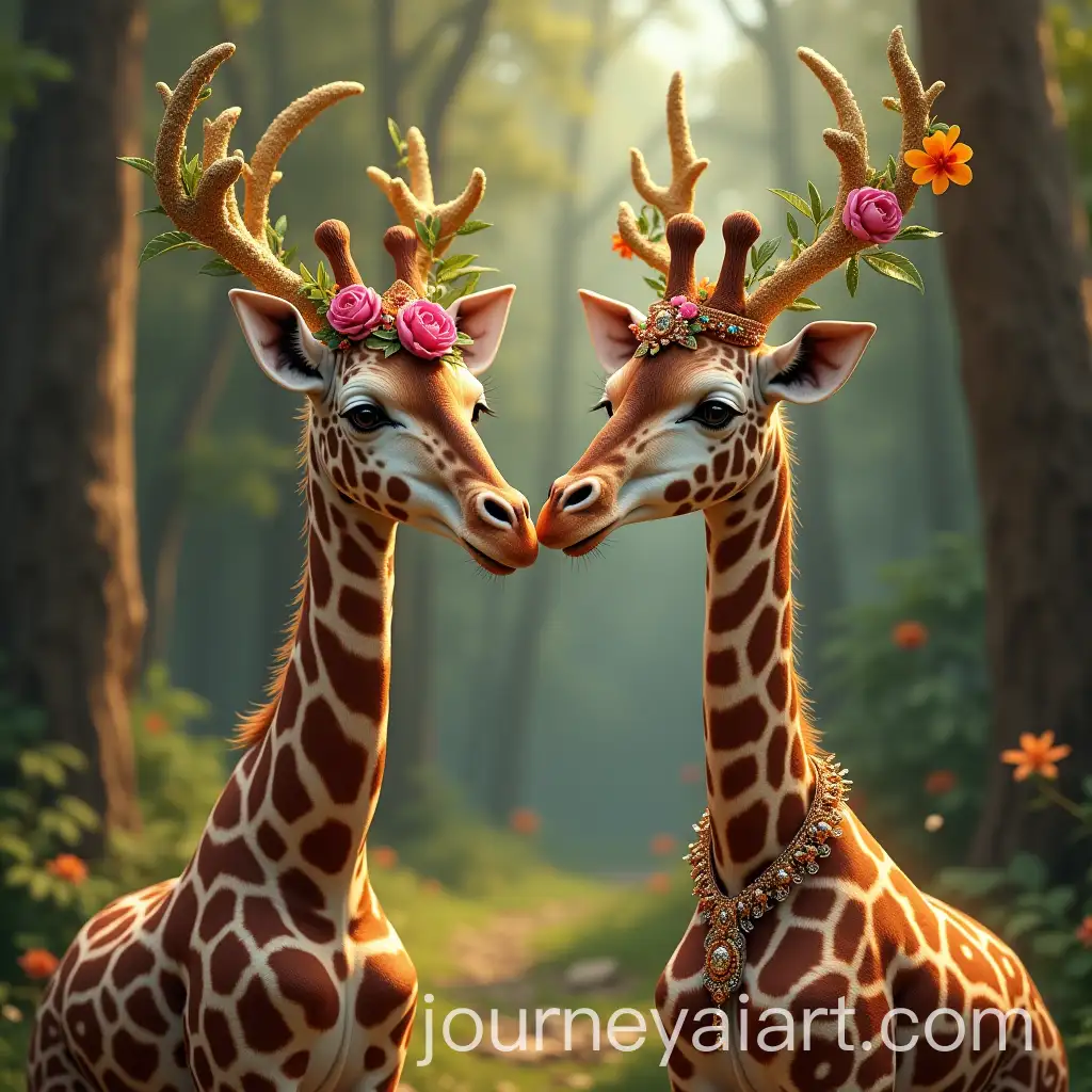 King-and-Queen-Giraffe-with-Antlers-Decorated-with-Flowers-and-Jewelry-in-a-Forest-Adventure