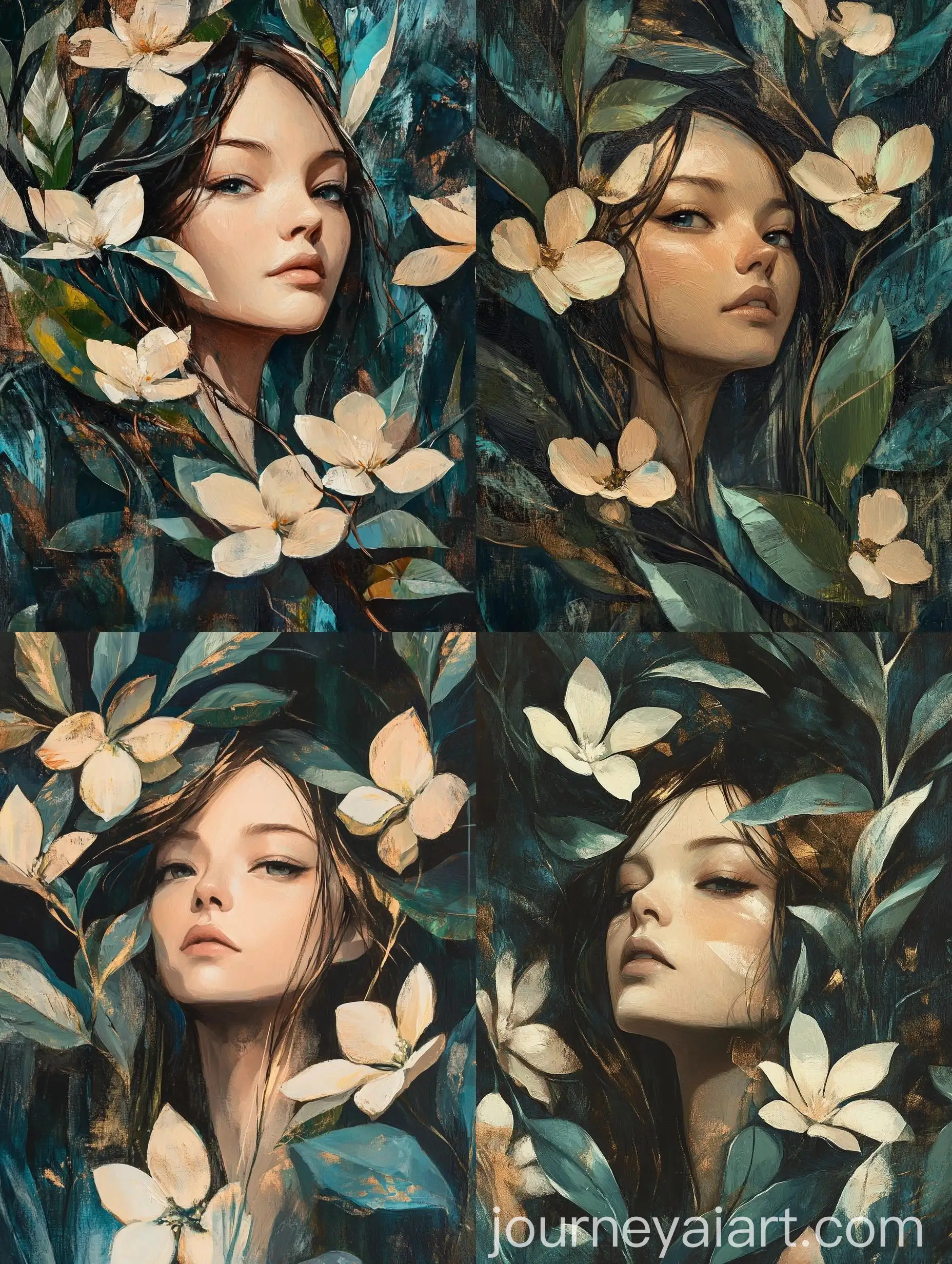 Elegant-Woman-Surrounded-by-Abstract-Foliage-and-Flowers