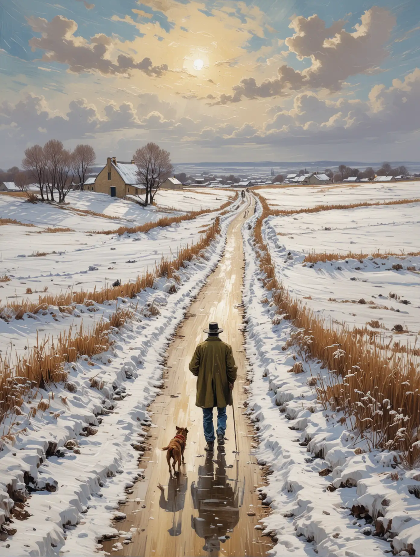 An expressive winter landscape painting in the style of Vincent van Gogh, inspired by his work 'The Landscape with Snow.' The scene captures the La Crau plain with Montmajour visible on the horizon. A snow-covered path begins in the lower left corner, leading diagonally across the plain towards distant trees and snow-covered hills. A lone man in a brown jacket and black hat walks with his dog by his side, creating a sense of companionship in the melting snow. The snow is painted in shades of white and violet, with patches of brown, green, and blue suggesting slushy puddles left by the melt. Yellow tufts of grass line the path, and red rooftops are seen on the horizon. The brushstrokes are horizontal in the field to emphasize the flatness, while diagonal strokes along the path add tension. The sky is a soft blue with a few cloud wisps, creating a tranquil winter atmosphere, and the high horizon line draws attention to the foreground, as if walking behind the man and his dog on this serene, museum-worthy winter landscape.