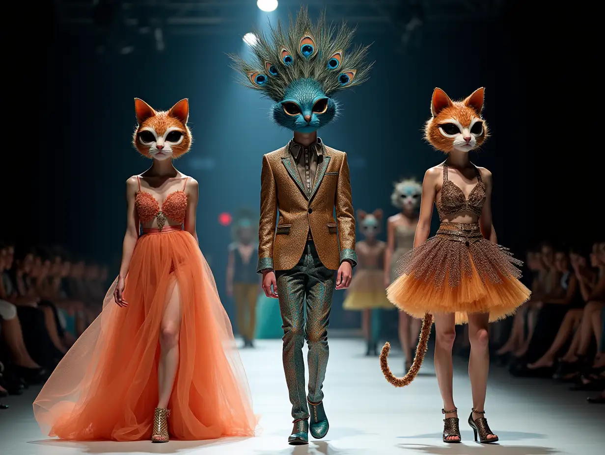 Ki-Fantasy, a mix of man-, cat- and peacock head design with beautiful shoes at a fashion show