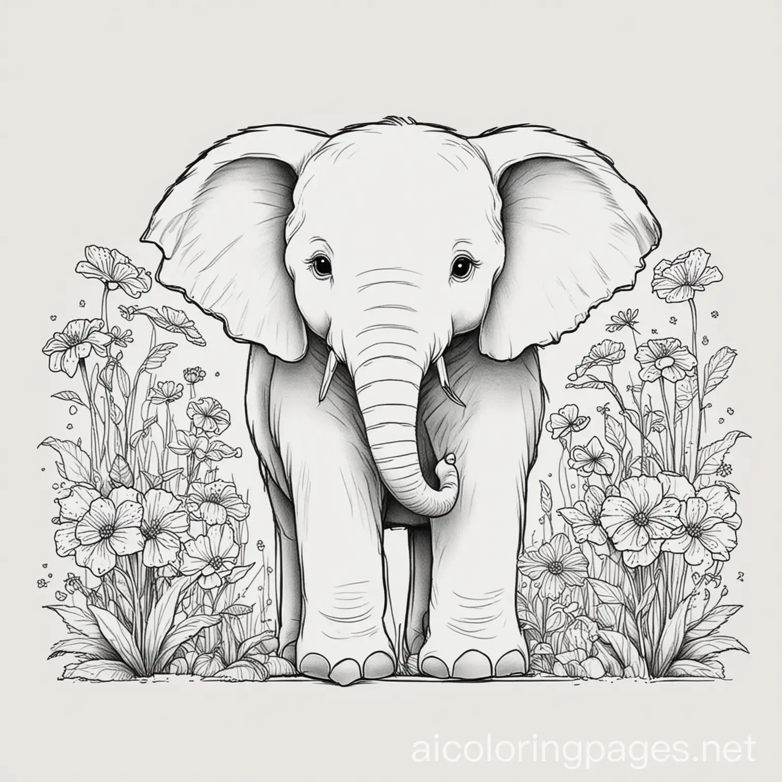 Elephant and flowers, Coloring Page, black and white, line art, white background, Simplicity, Ample White Space. The background of the coloring page is plain white to make it easy for young children to color within the lines. The outlines of all the subjects are easy to distinguish, making it simple for kids to color without too much difficulty