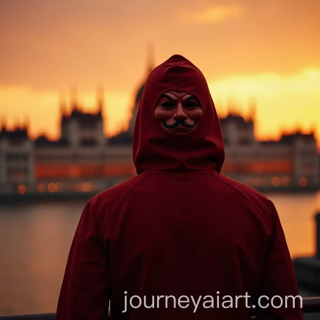 Mysterious-Figure-in-Front-of-Budapests-Hungarian-Parliament-at-Sunset