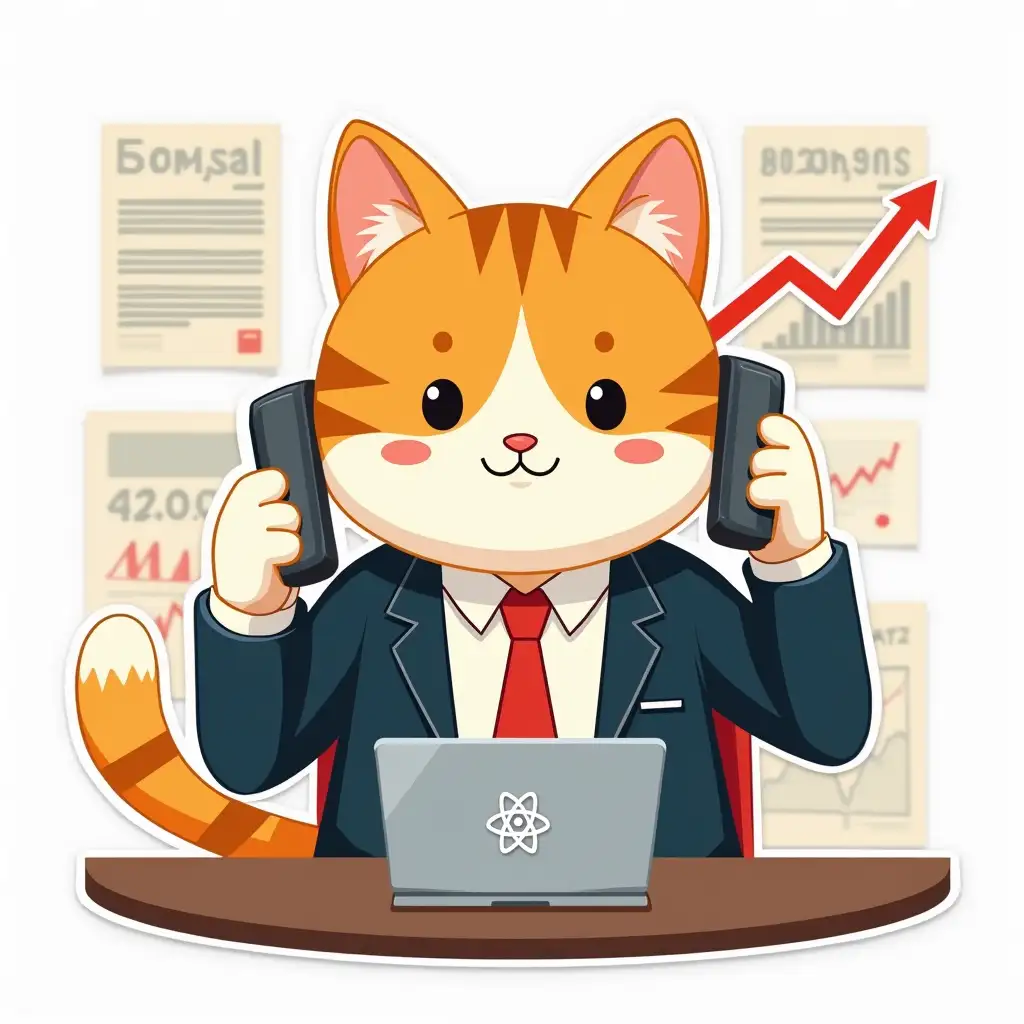 funny 2D cat in the image of a office worker within a business suit, he talks on two cell phones in front of a laptop with an atom symbol on the lid, behind him posters with stock ratings and a growing red trend line, paint in anime style, manga 2D characters, die cut sticker design top-view, high resolution, vector art, white background, paint in anime style