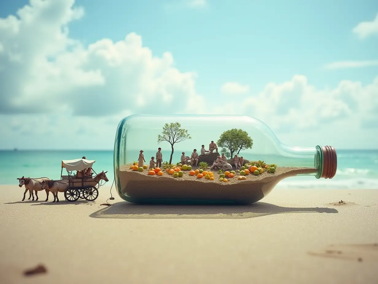 In a beautiful beach there is a large glass bottle, inside it is a small village, with very many tiny people, with fruit plantation, carriage, horses, pigs, quite big-real photo, triple exposure, basic idea of something beautiful picture