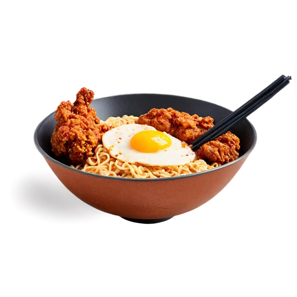 Korean instant noodle with egg and korean fried chicken