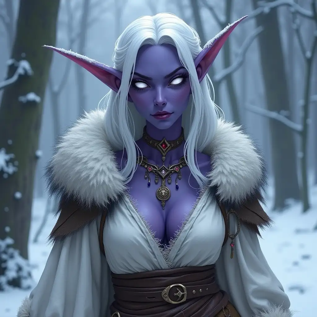 Evil adult dark elf, with dark purple skin and white eyes without pupils, she has a large chest, with long thin ears, she has white hair, in winter peasant clothing of white color adorned with skins, against the background of a snowy dense forest, in the style of warcraft