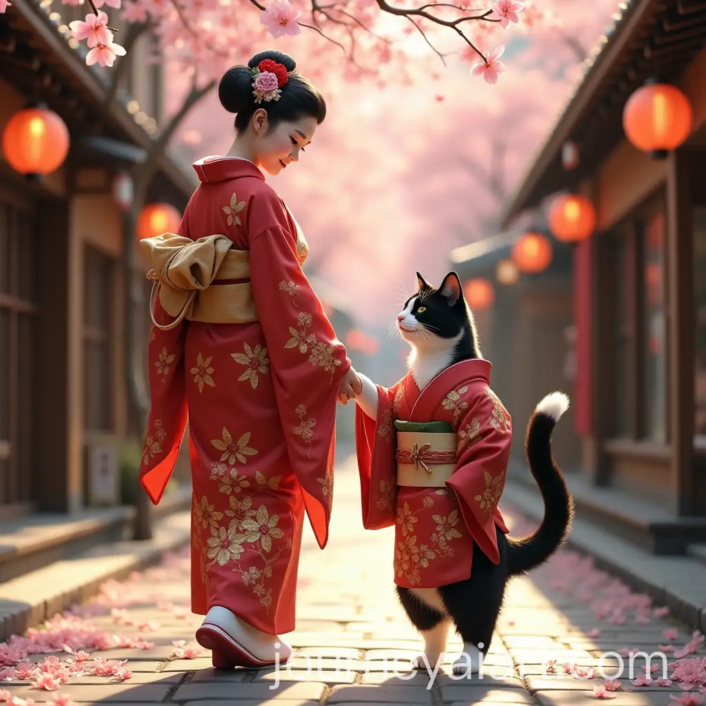 Maiko-and-Anthropomorphized-Tuxedo-Cat-Strolling-Under-Cherry-Blossoms-in-Kyoto