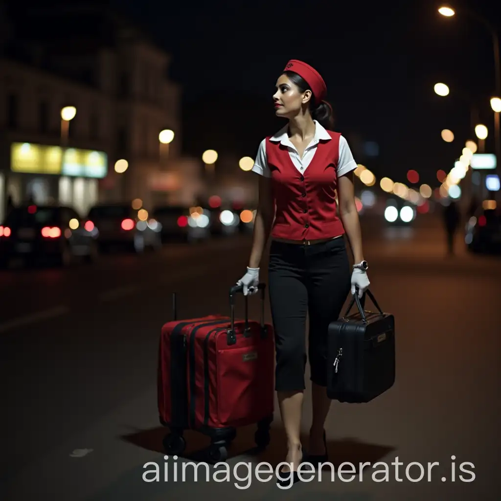 South-Asian-Air-Hostess-Walking-with-Trolley-Bag-at-Night