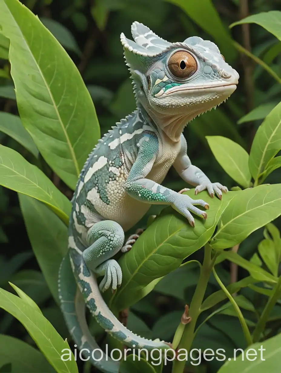 A small chameleon on a green leaf, surrounded by dense jungle foliage., Coloring Page, black and white, line art, white background, Simplicity, Ample White Space. The background of the coloring page is plain white to make it easy for young children to color within the lines. The outlines of all the subjects are easy to distinguish, making it simple for kids to color without too much difficulty