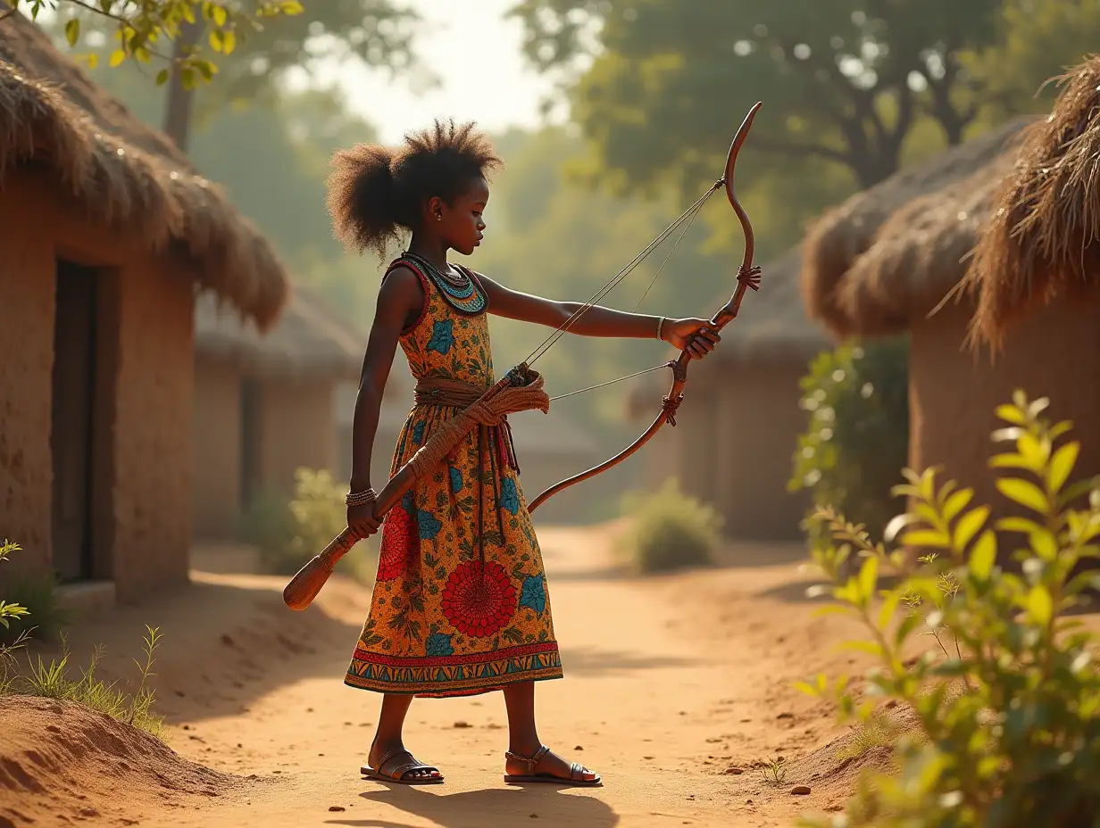 African princess with pretty colorful dress-with sandals, with bow and arrow in hand bright shades in the village 4K resolution Vibrant