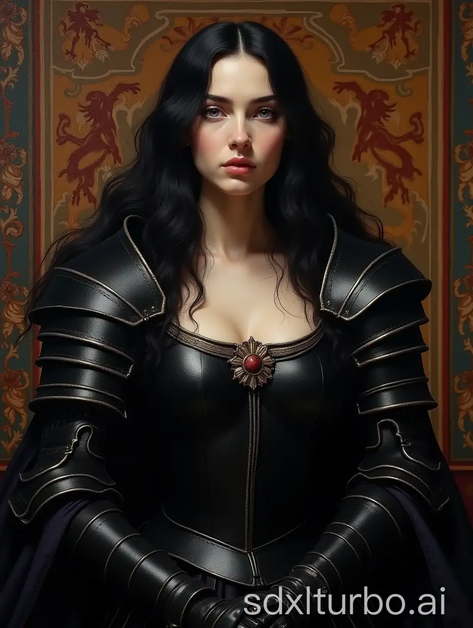 a beautiful empress wearing black armor, pale skin, black long hair, purple eyes, big chest, a wallpaper with a medieval coat-of-arms at the background, dynamic pose, oil on canvas, very heavy brush strokes, caravaggio style, very high resolution, 8k