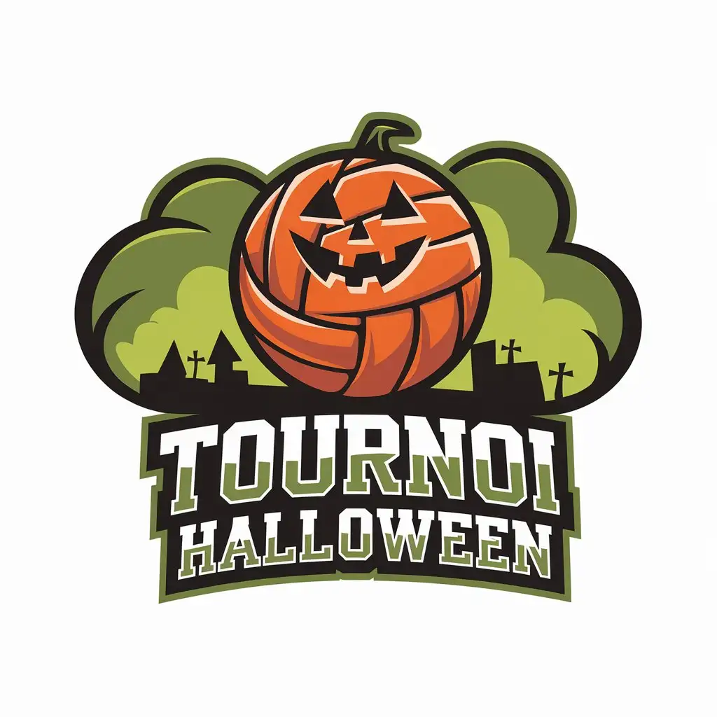 LOGO-Design-for-Tournoi-Halloween-Orange-Volleyball-with-Halloween-Pumpkin-Head-and-Green-Cloudy-Background