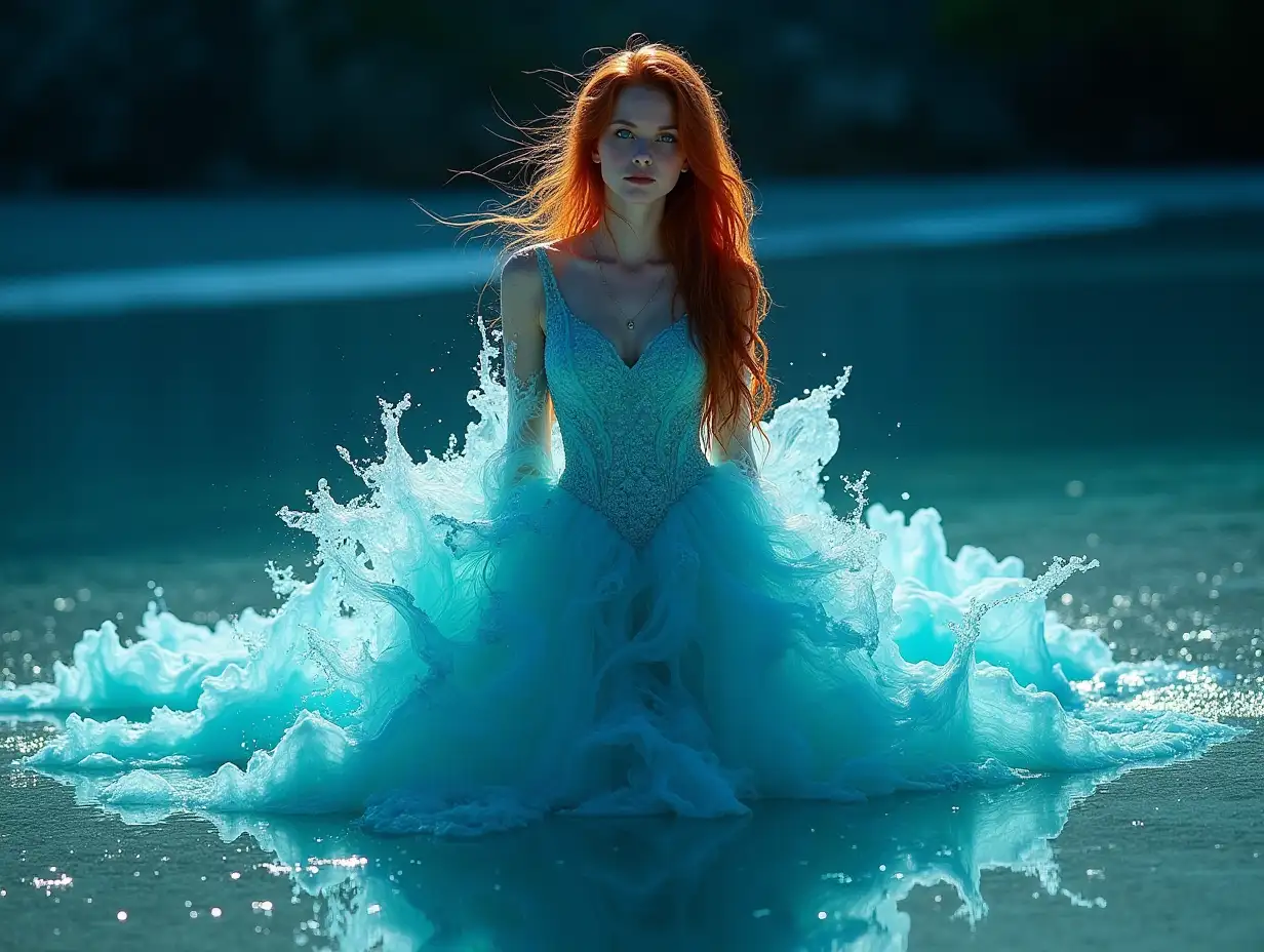 A stunning and surreal image of a redhead girl wearing an intricate aqua dress made entirely of water waves, creating a mesmerizing and visually stunning effect. The girl is shown in a graceful pose on the beach, and the water seems to rise to her chest, dramatically covering her body. This image can be created using the following vector. Woman in an elaborate aqua dress made entirely of water waves, thick and long hair, blue eyes, night, beautiful body, designed by Dmitry Kostanovich, Photoshop, Felicia Semyon, UHD image, Ekaterina Panikanova, shiny and bright, HDR, dynamic mode, 32 kb, sharp focus, illustration. by Sasan.