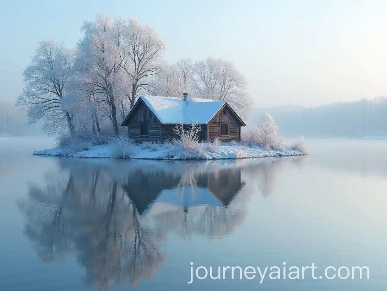 Grandpas-Hut-on-a-Small-Island-in-a-Frozen-Lake-with-Frozen-Trees-and-Reflections