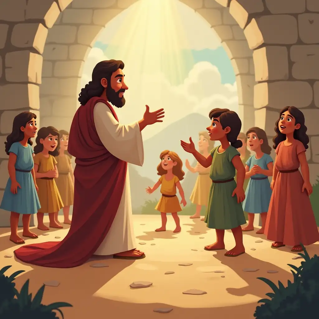 Jesus teaching children in animation style