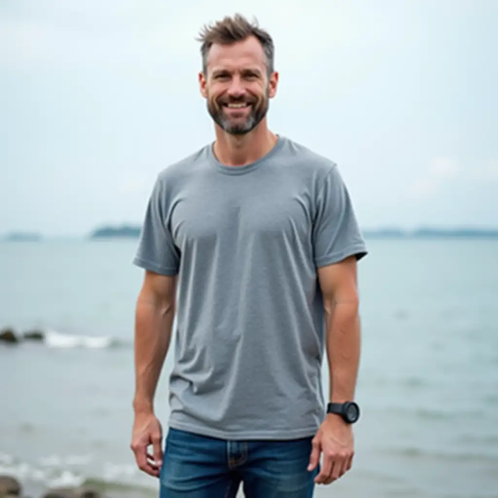 a facebook profile picture of a 43 year old man in causual wear jeans and t-shirt with sea background