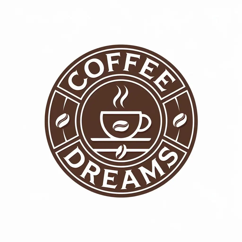 LOGO-Design-for-Coffee-Dreams-Circle-with-Coffee-Cup-and-Beans-Theme