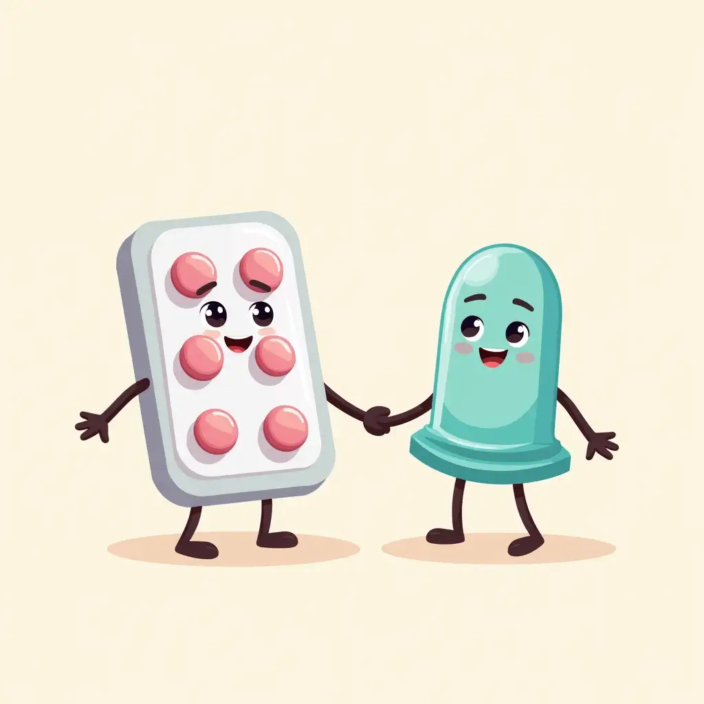 A cheerful cartoon illustration where an anthropomorphic packaging of contraceptive tablets with pink dots is holding hands with a friendly anthropomorphic condom. Both characters have expressive eyes and playful facial features, conveying a carefree theme related to safe sex and contraception.