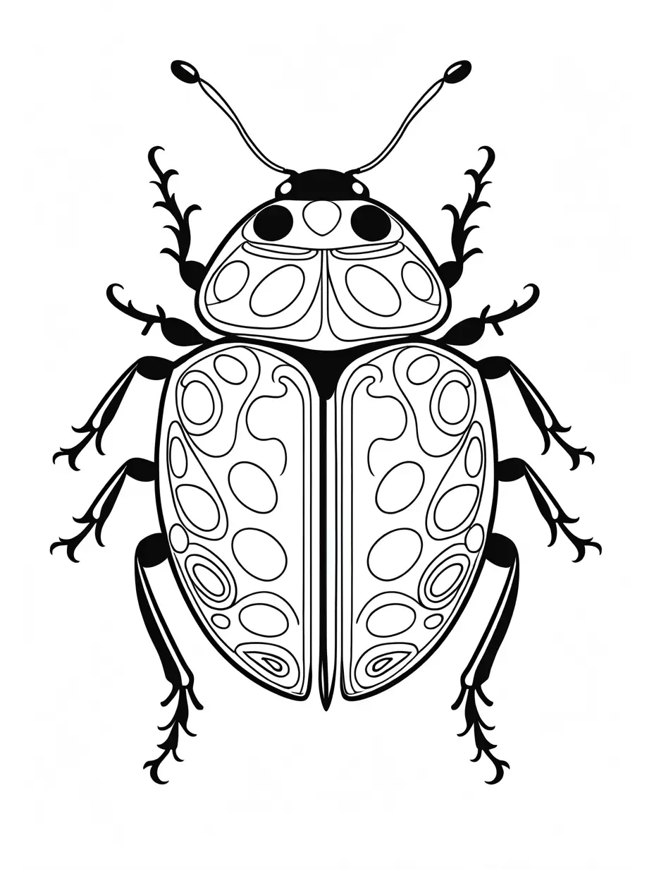 Ladybug , Coloring Page, black and white, line art, white background, Simplicity, Ample White Space. The background of the coloring page is plain white to make it easy for young children to color within the lines. The outlines of all the subjects are easy to distinguish, making it simple for kids to color without too much difficulty