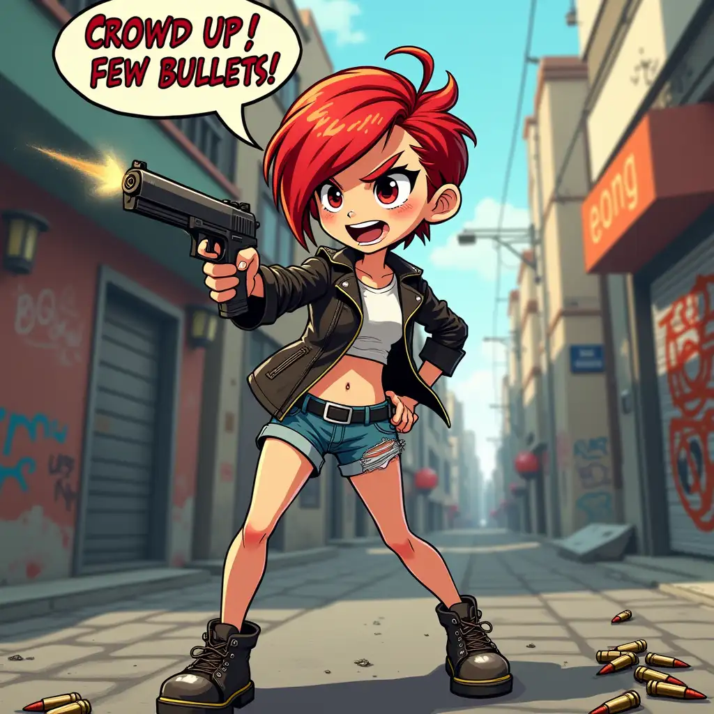 A slender red-haired girl with a short haircut in the style of 'care', in a bold pose (pointing a gun), shouts: 'Crowd up, I have few bullets!'. She is wearing a leather jacket-girdle, ripped denim shorts and combat boots. The background is an urban street with graffiti and broken lanterns. On the ground there are shell casings, and above the girl's head is a sarcastic meme text in Impact font style. Style: bright cartoonish render with a focus on dynamics, exaggerated mimics (the girl has a cunning smile, enemies have plate-like eyes and open mouths). Details: red hair strands are waving, the gun barrel is smoking, in the distance you can see the word 'BANG!' in the comic book style.
