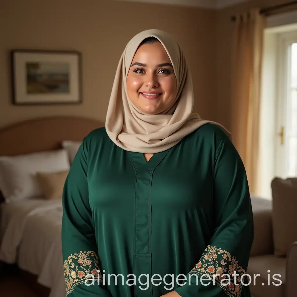Elegant-Muslim-Woman-in-Emerald-Green-Abaya-with-Cream-Hijab-in-Cozy-Indoor-Setting