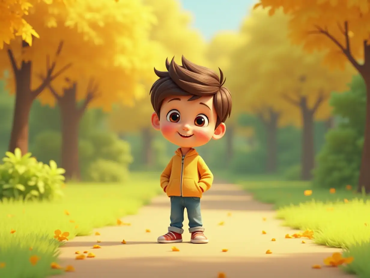 a cute little boy standing in the park. 3D Pixar Style