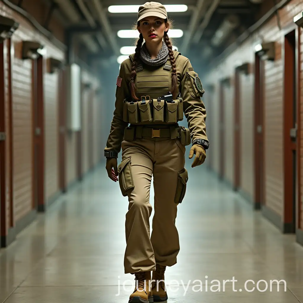 Military-Woman-in-Camouflage-Uniform-Walking-Through-Underground-Bunker