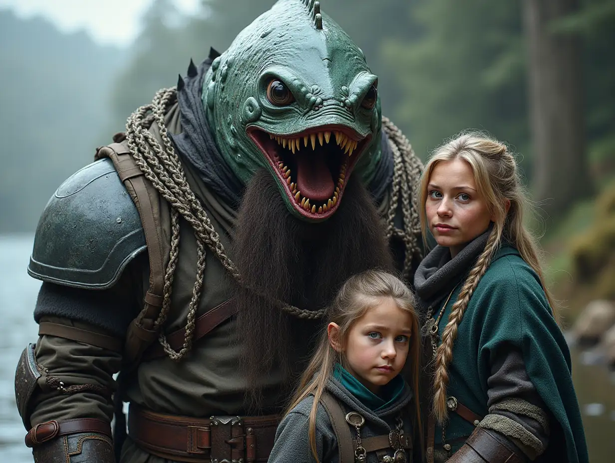 Ki-Fantasy family,Man,Woman, and Children, huge fish face with beard and with white chains armor equipment