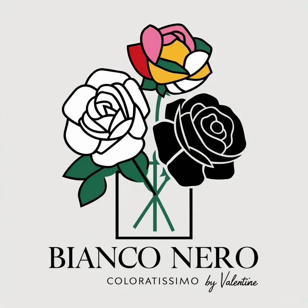 a vector logo design,with the text "Bianco nero COLORATISSIMO by Valentine", main symbol:A white rose one rose with multicolored petals and a black rose in a rectangular vase,complex,clear background