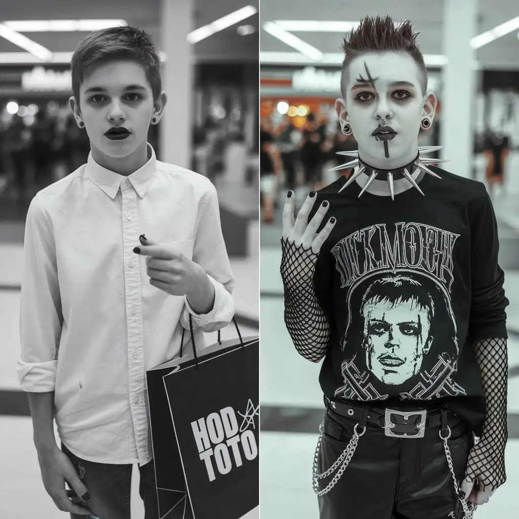 12-year-old white short American boy who went to the mall to get a gothic makeover with his friends from school. Show a before and after of him and his gothic mates. He's wearing black lipstick and nail polish and has a jet black medium sideshave haircut. He is wearing a black spiked choker with long spikes sticking out of it. His ear lobes are stretched with big black gauges. He is wearing facial piercings. His shirt is a black long sleeve fishnet shirt with a British rock band on the front of it. His jeans were black leather pants and his boots were black demonia damned platforms that were extremely thick. He carried a shopping bag from hot topic. He and his mates went to gamestop in the mall afterwards.