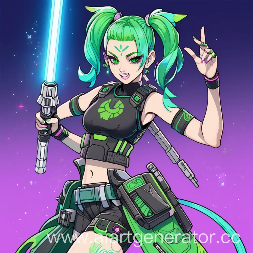 a cyberpunk themed Magical girl that has green hair in a ponytail, has a lightsaber, and her expression is silly.