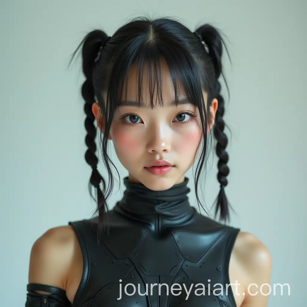 Young-Asian-Woman-in-Futuristic-Costume-with-Braids-and-Pigtails-in-a-PostApocalyptic-World
