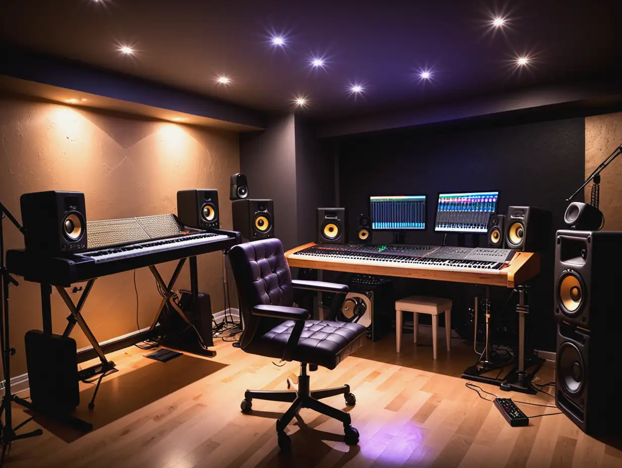 amazing home music studio LED lighting with an attractive 28 year old singer