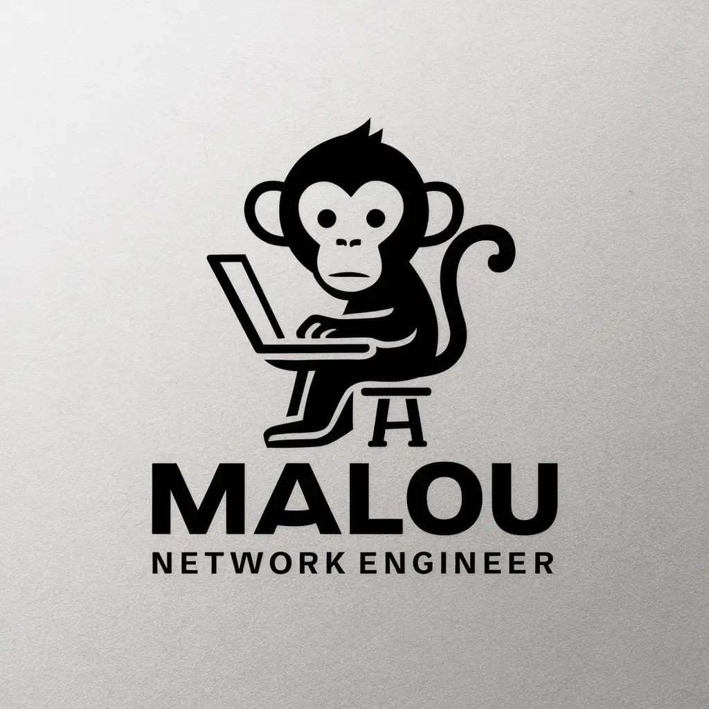 a vector logo design,with the text "malou network engineer", main symbol:A monkey typing on a laptop while sitting on a stool, front view,Minimalistic,be used in Internet industry,clear background