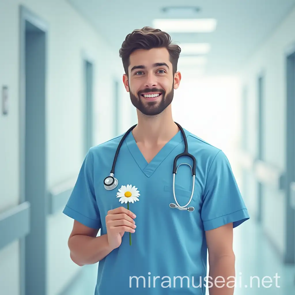 Male Hospital Worker Holding Flower with Stethoscope in Dreamy Hospital Hallway