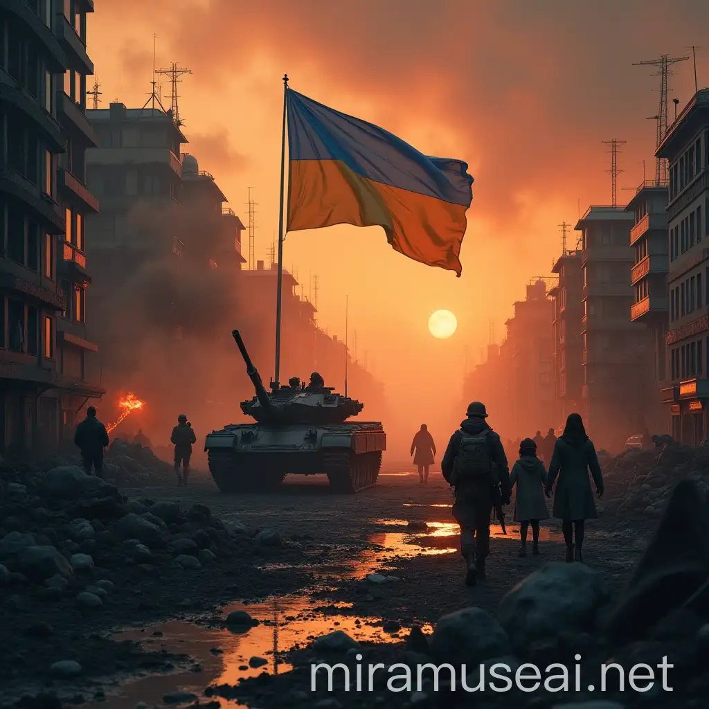 Dramatic WarTorn Ukrainian Cityscape at Sunset