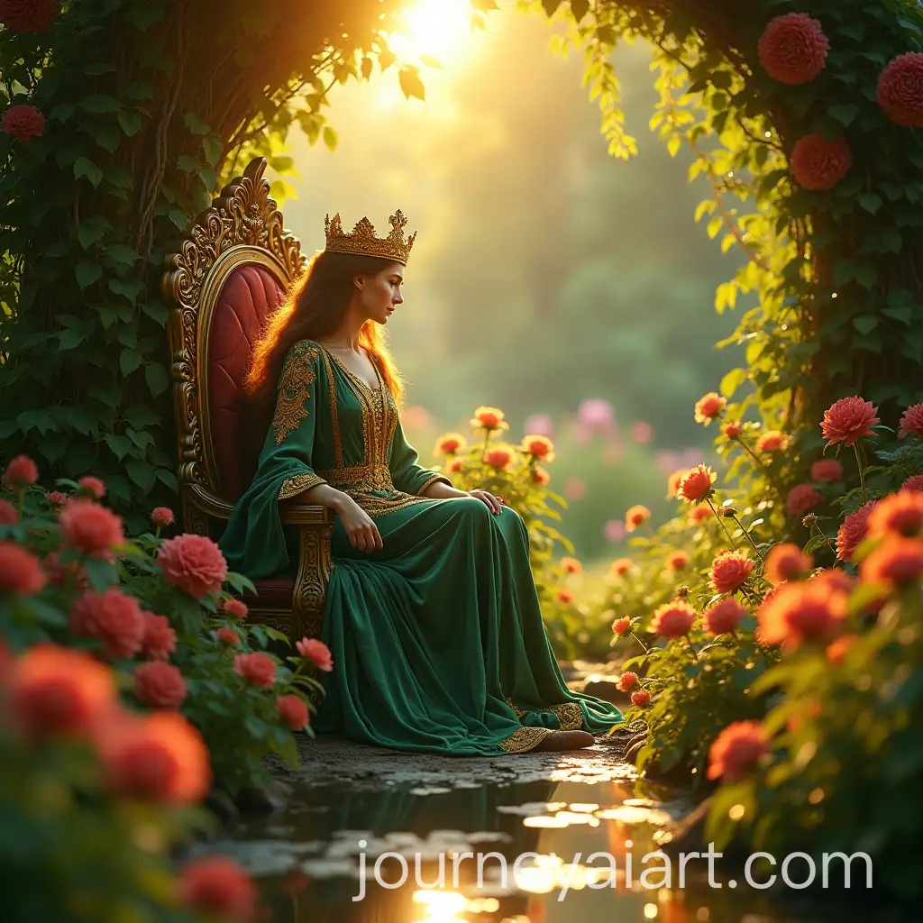 Empress-Tarot-Card-in-Lush-Garden-with-Vibrant-Flowers-and-Golden-Sunlight