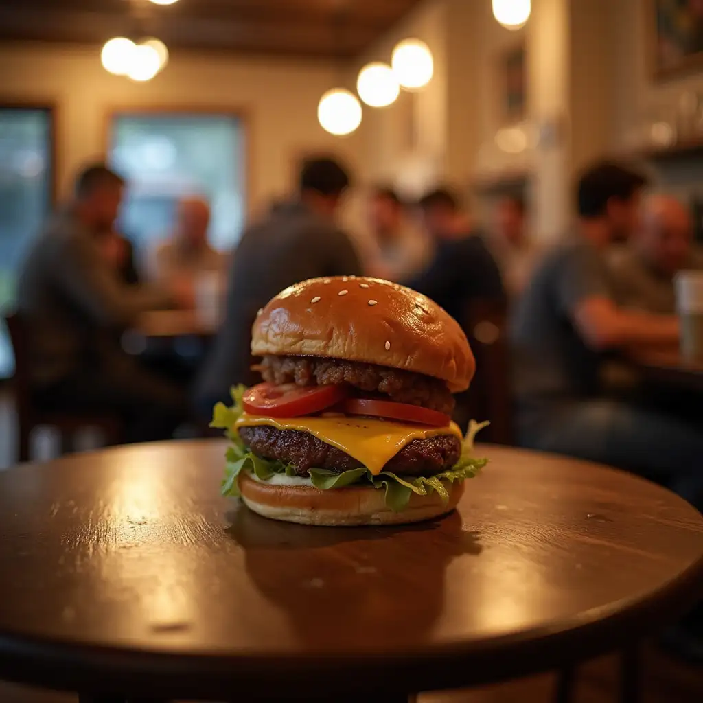 Burgur on table and people sittin round