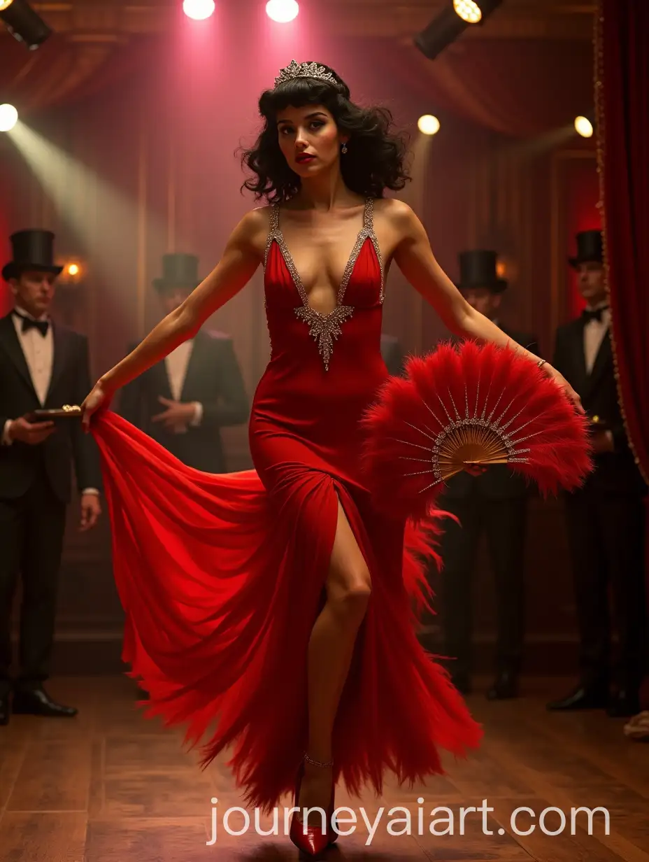 1920s-Burlesque-Performer-in-Red-Chiffon-Dress-at-Paris-Cabaret