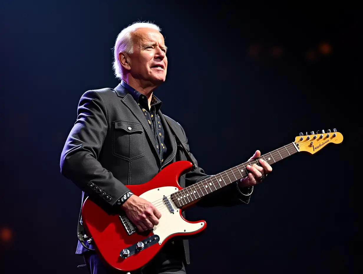 Joe Biden wearing hard-rock outfit, with guitar