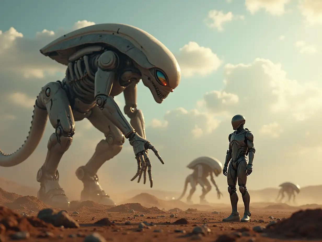 Create AI Fantasy with a high-resolution, realistic image of Robert, 40 meters tall, and an alien, with battle robots and cell tanks on the alien's on Pandora 4k resolution