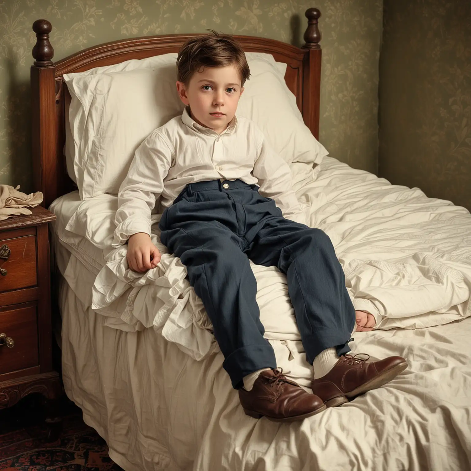 Victorian Boy Asleep in Bed with Partially Dressed Clothes