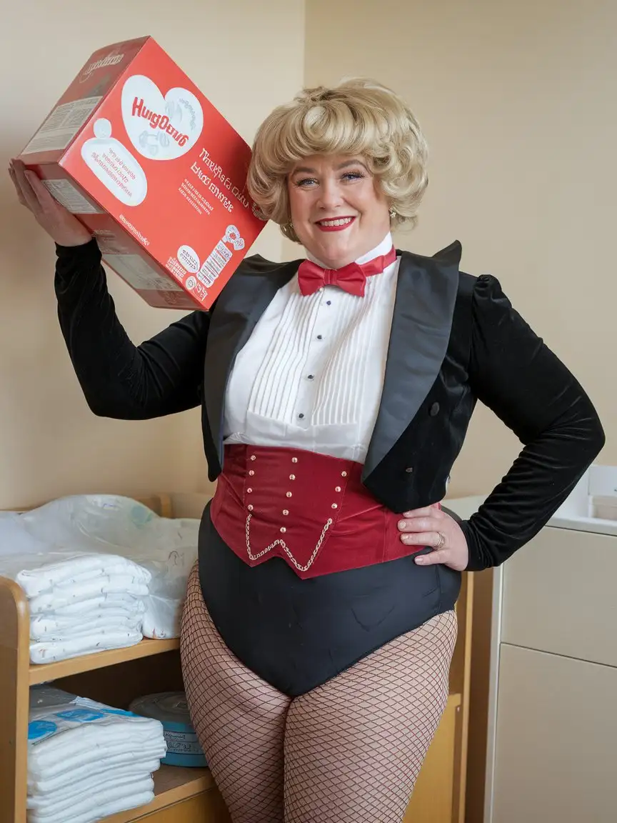 Smiling-MiddleAged-Woman-in-Formal-Tuxedo-with-Huggies-Box-in-Nursery