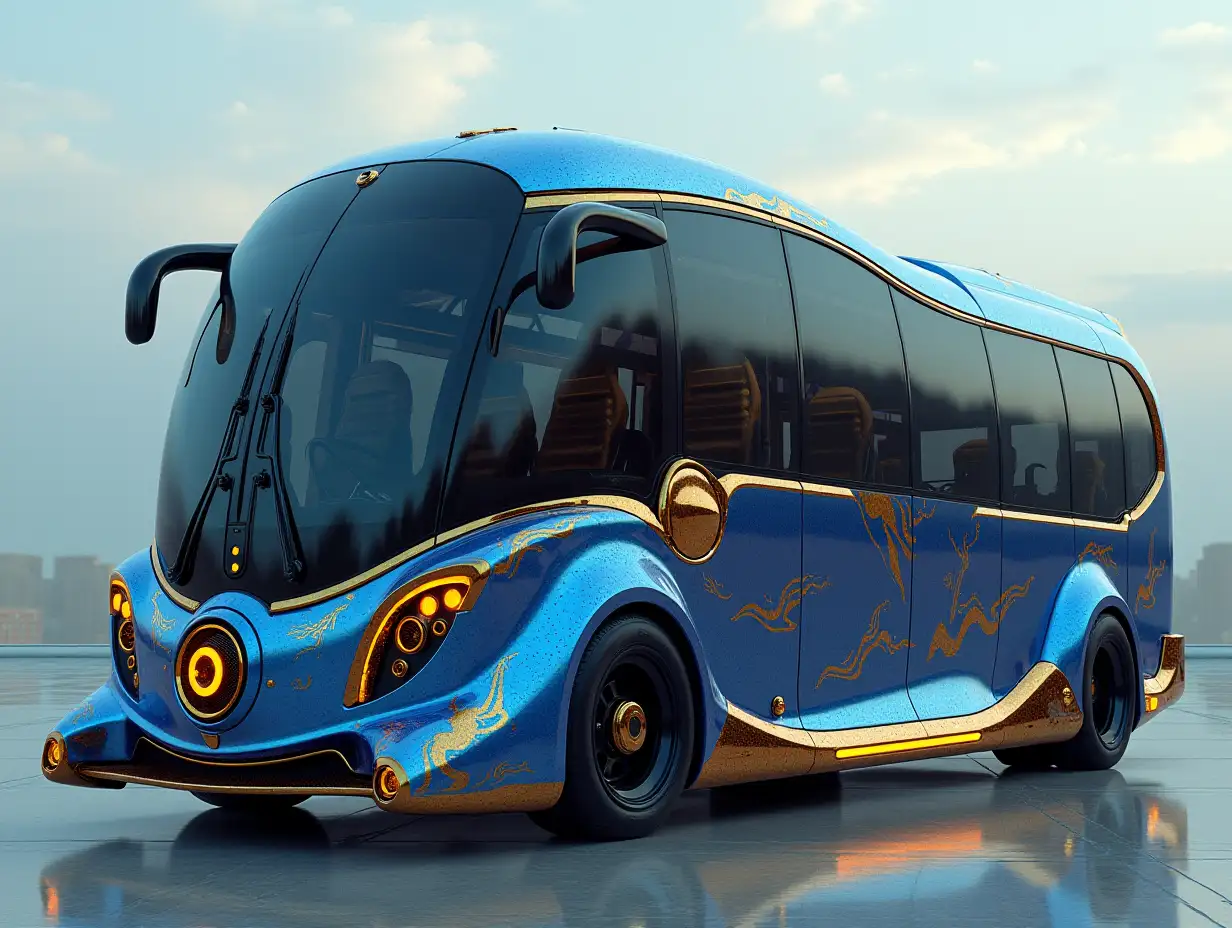 Supermodern utopian sports Omnibus with Gold and Black Lightning blue color with round ornaments, lowered body, 18-inch rims, aluminum wheels, Cream Blue Gold, Cyberpunk.