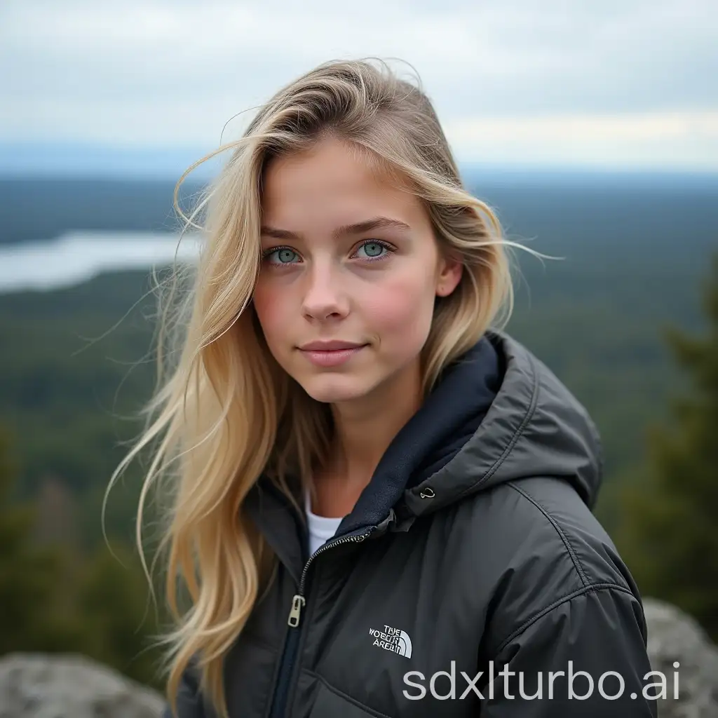 Nordic-Woman-with-Blonde-Hair-and-Blue-Eyes-Overlooking-Forest-and-Lake