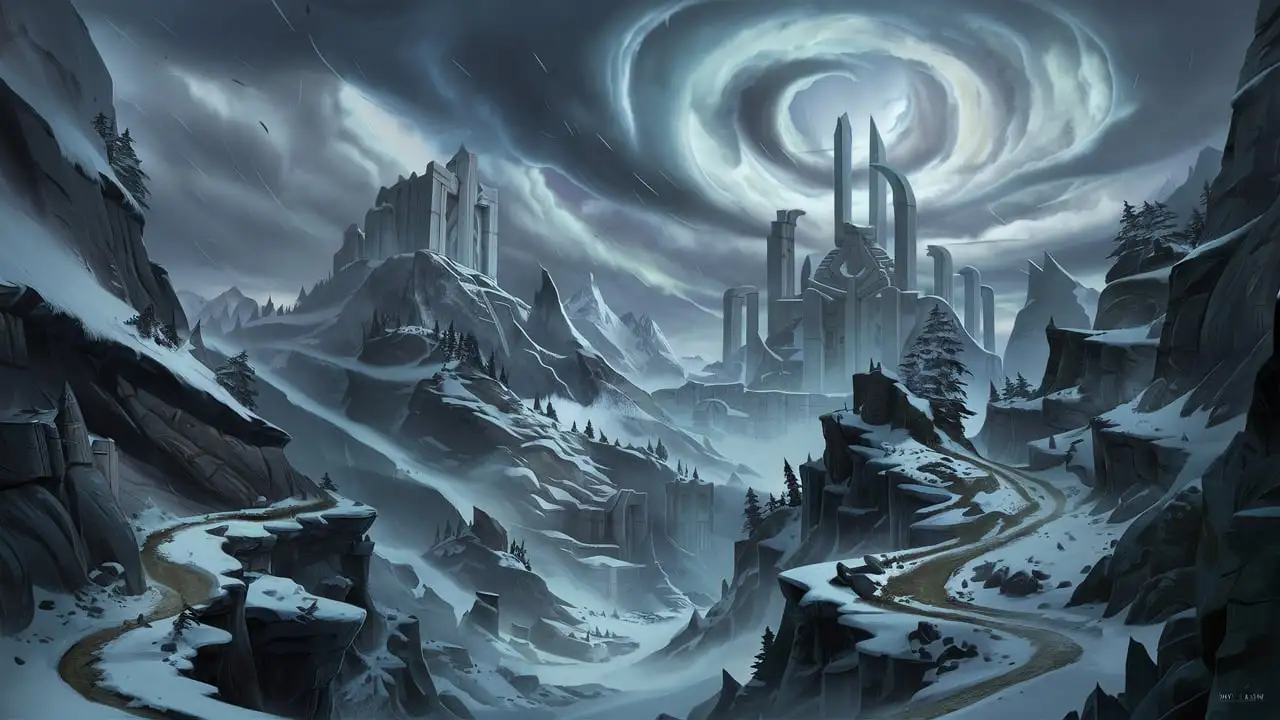 Ancient Titan Citadel Ulduar in Stormy Mountainous Region