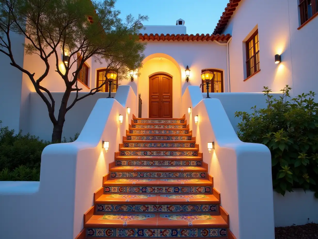 Mediterranean-Colonial-Style-Entrance-with-Decorative-Stairs-and-Warm-Lighting